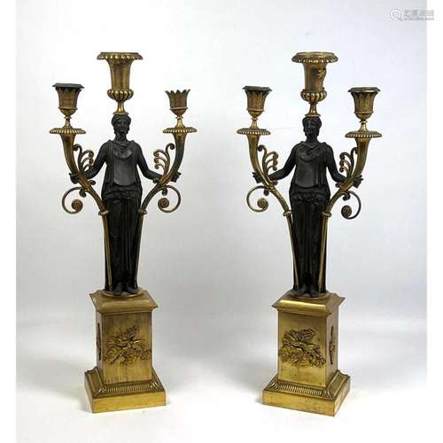 PR ANTIQUE FRENCH EMPIRE BRONZE CANDELABRA. ELEGANT FEMALE I...