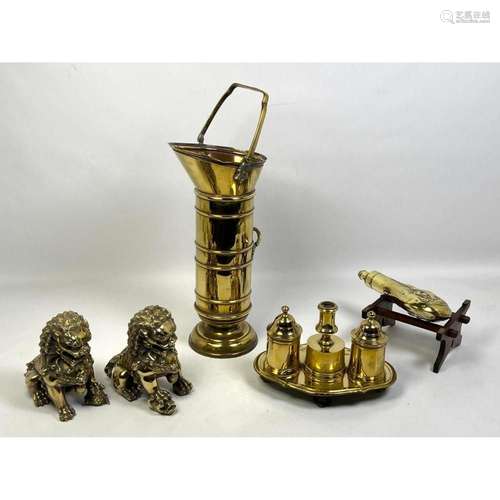 5PC BRASS DESK TABLE ACCESSORIES. PR FOO DOGS. POWDER HORN O...