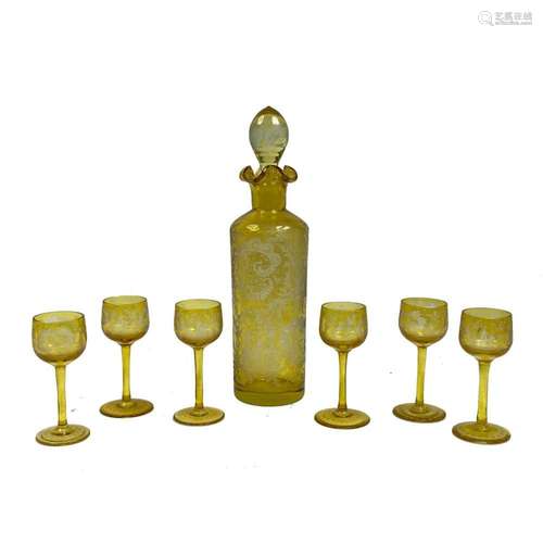 7PC BOHEMIAN GLASS DECANTER. SIX STEM CORDIAL GLASSES. YELLO...