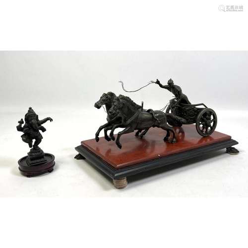 2PC METAL SCULPTURE. 1). GANESHA FIGURE. 2). CHARIOTEER AND ...