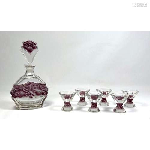 7PC FRENCH CRYSTAL DECANTER AND GLASSES. FROSTED AMETHYST GL...