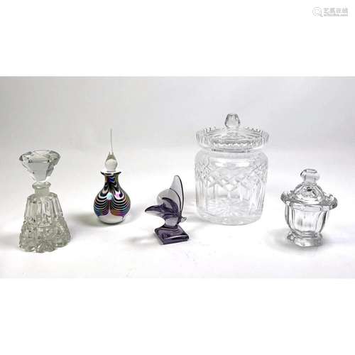 5PC CRYSTAL AND ART GLASS LOT. WATERFORD LIDDED JAR. BACCARA...