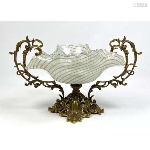 MURANO LATTICINO ART GLASS BOWL IN ORNATE METAL STAND. HANDL...