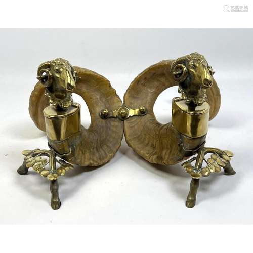 NATURAL DOUBLE RAM HORN INKWELLS. BRASS FOLIATE TRIM WITH RA...