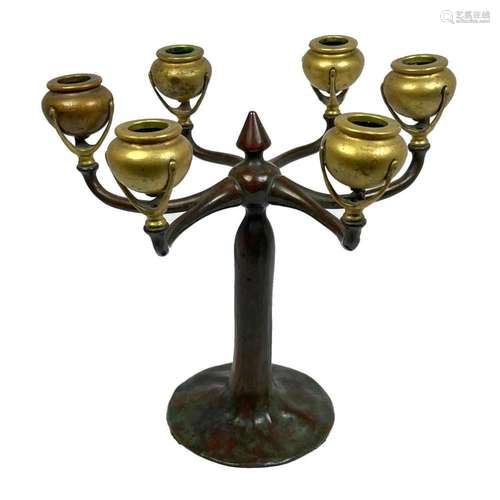 VINTAGE TIFFANY STUDIOS BRONZE CANDELABRA. BRONZE STAND WITH...