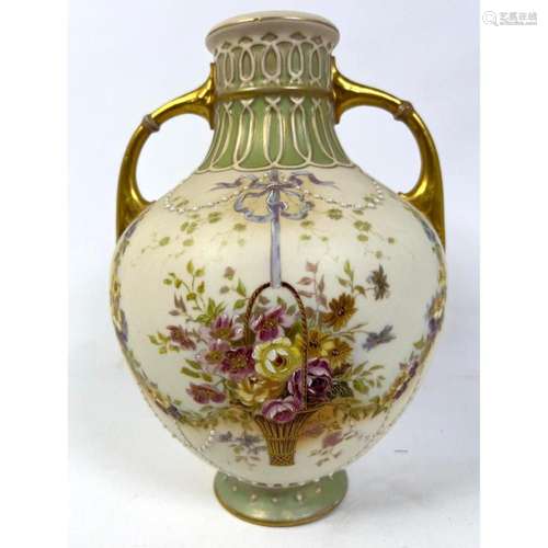 ROBERT HANKE AUSTRIA PAINTED PORCELAIN HANDLED VASE.