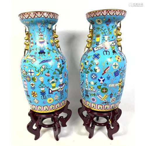 PR LARGE TURQUOISE BLUE CLOISONNE ENAMEL TALL VASE. EVEN DEC...