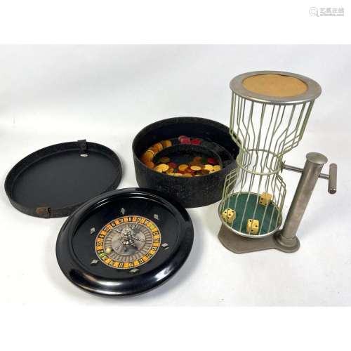 VINTAGE GAMING LOT. DICE CAGE. ROULETTE WHEEL. CASE WITH BAK...