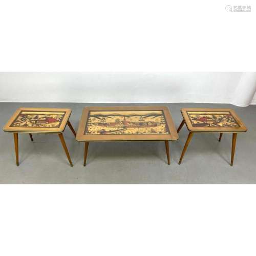 SET OF 3 BLACK FOREST STYLE TABLES. MARKED DBGM GESCHUTZT. S...