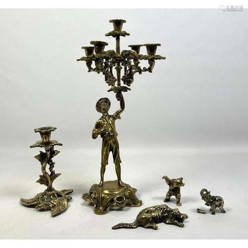 5PC METAL OR BRASS FIGURES, CANDELABRA. DOG, BEAR, ELEPHANT.