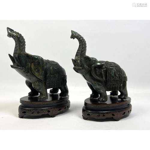 PR CARVED STONE FIGURAL ELEPHANTS SCULPTURES. WOOD CARVED BA...