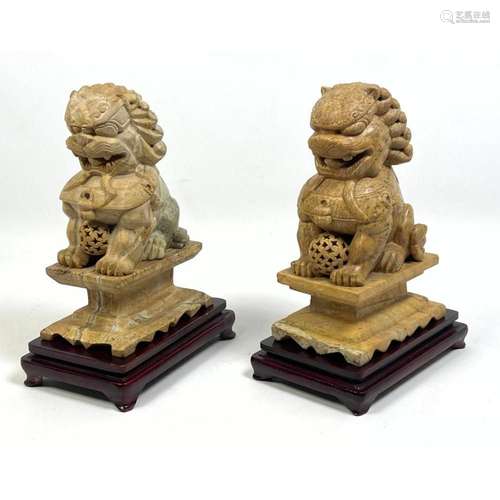 PR CARVED STONE CHINESE FOO DOGS ON STONE PEDESTALS. WOOD BA...