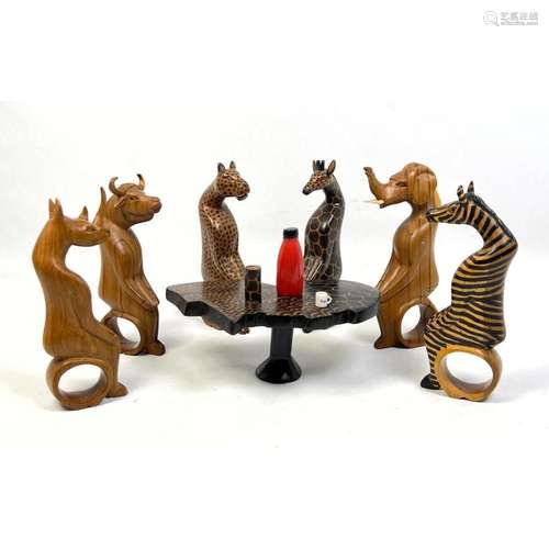 CARVED WOOD KENYAN FIGURAL ANIMAL SET. SIX CARVED ANIMAL FIG...