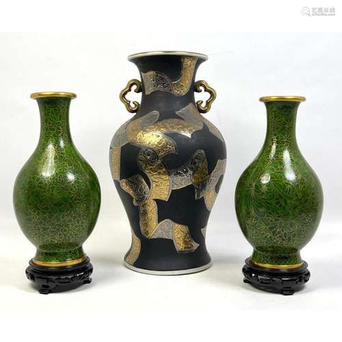 3PC ASIAN VASES. PR OF CHINESE GREEN CLOISONNE ENAMEL VASES....