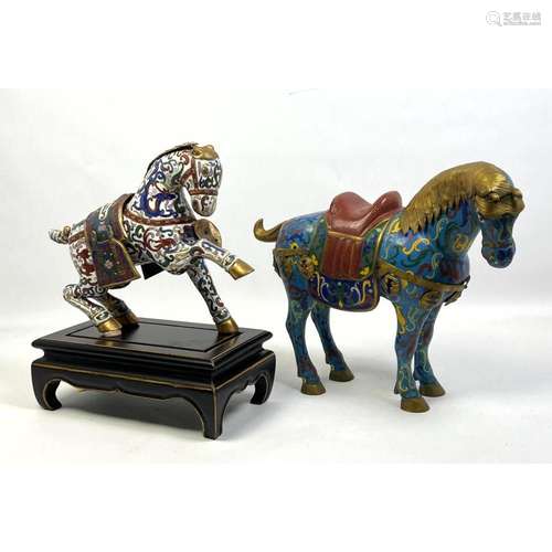 2PC CLOISONNE ENAMEL ASIAN HORSE SCULPTURES. SMALLER HORSE F...