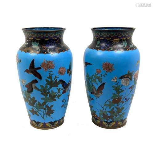 PR CHINESE CLOISONNE VASES. BRIGHT BLUE GROUNDS WITH BIRDS, ...