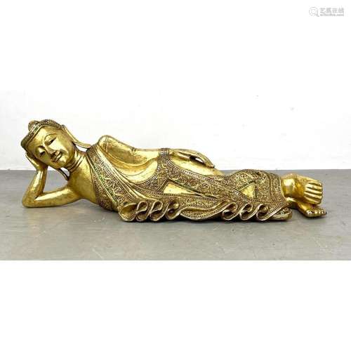 CARVED WOOD GOLD PAINTED RECLINING BUDDHA SCULPTURE. INSET M...