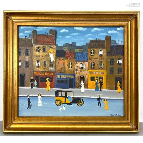 KEVIN STOCKER TOWN CENTER SCENE PAINTING. CAR AND DOG. SIGNE...