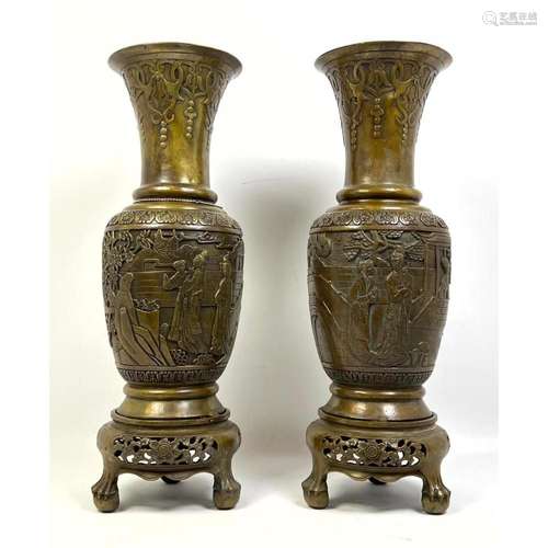 PR ASIAN BRASS TALL LONG NECK VASES. RELIEF DESIGN WITH WOME...