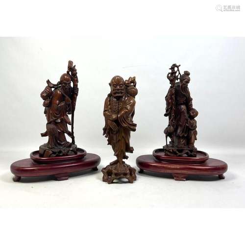 3PC CARVED WOOD ASIAN FIGURES. TWO WISE ELDERS WITH STAFFS.