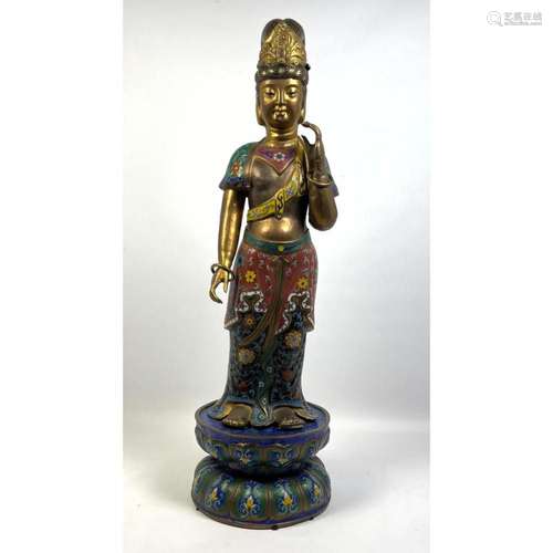 39" TALL CLOISONNE ENAMEL GUAN YIN FIGURE STATUE. LOTUS...