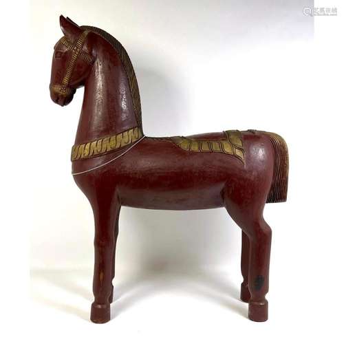 CARVED POLYCHROME HORSE FIGURE SCULPTURE. EAST ASIAN STYLE