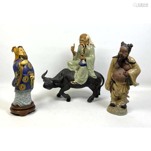 3PC ASIAN FIGURAL SCULPTURE LOT. ONE CLOISONNE FIGURE. TWO C...