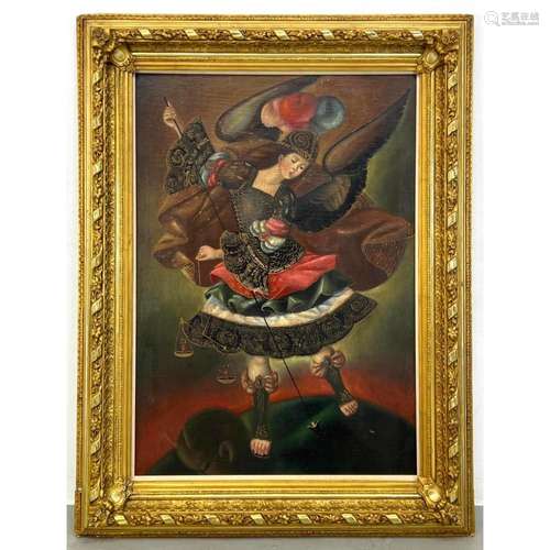 SURREAL PAINTING OF ELABORATELY DRESSED ANGEL. ANGEL WITH AR...