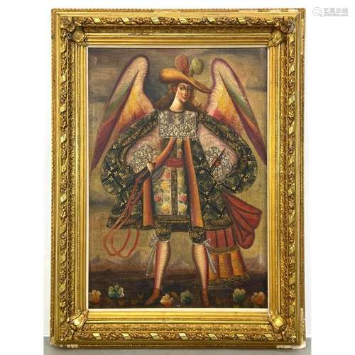 ANGEL PAINTING. RICHLY COSTUMED ANGEL. ORNATE FRAME.