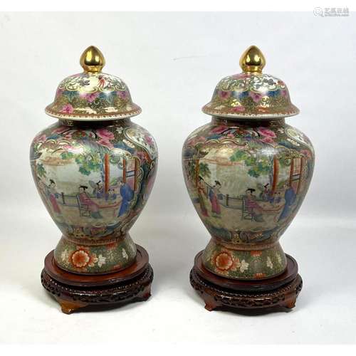 PR POTTERY GINGER JARS. LIDDED FORMS WITH FLORAL AND LANDSCA...