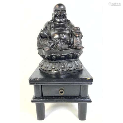 2-PART BRONZE BUDDHA SCULPTURE ON WOOD STAND. BRONZE ONLY 12...