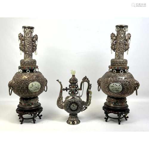 3PC TOOLED SILVER ASIAN STYLE VESSELS. CARVED STONE MEDALLIO...