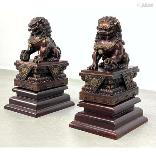 PAIR SEATED FOO DOG SCULPTURES. LACQUER BASES. SCULPTURE ONL...