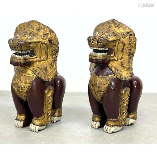 PR POLYCHROME CARVED WOOD FIGURAL LION SCULPTURES. PAINTED F...