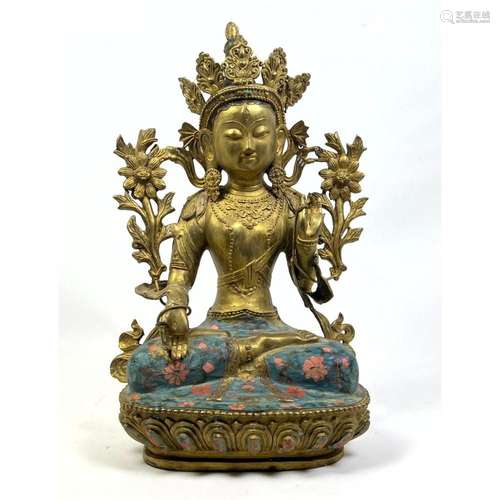 GILT METAL ASIAN GODDESS SEATED ON ENAMELED LOTUS BASE. CROW...