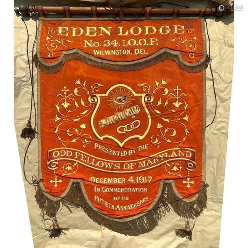 SILK BANNER 1917 50TH ANNIVERSARY ODD FELLOWS EDEN LODGE WIL...