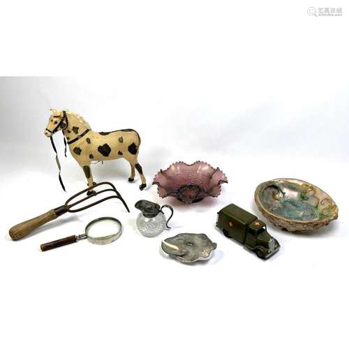 MIXED ANTIQUE LOT. FELT COVERED HORSE TOY WITH PULL CORD, CA...