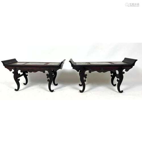 PAIR CHINESE DISPLAY STANDS WITH MARBLE PANELS.