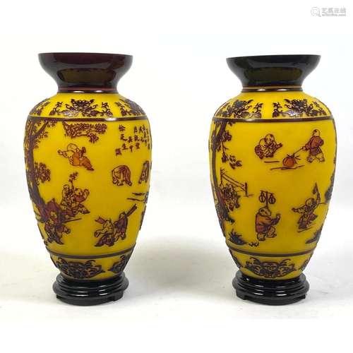 PAIR CHINESE CARVED GLASS VASES.