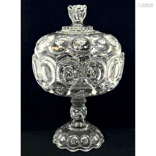 LARGE 16 INCH MOON AND STAR PATTERN GLASS COMPOTE.