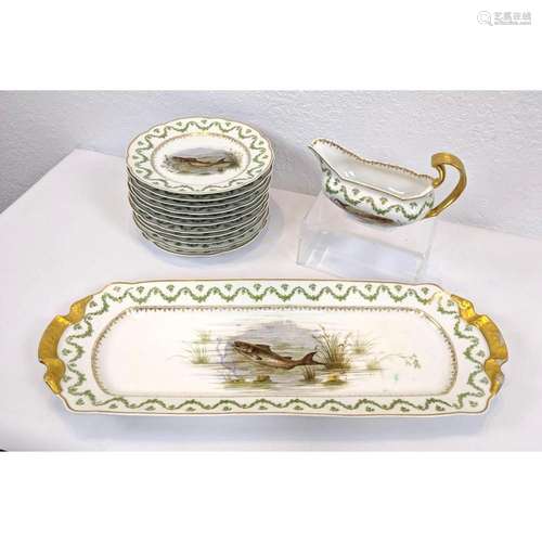 13PC DANDC FRENCH LIMOGES PORCELAIN FISH SET. SIGNED REVEL. ...