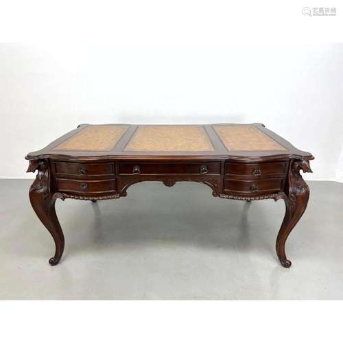 LEATHER TOP MAHOGANY DESK. CARVED ROPE TRIM AND LEGS.