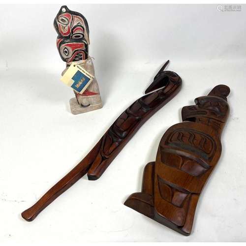 3PCS SALISH ART CARVINGS. NORTH WEST COAST. GORDON CLAYTON, ...