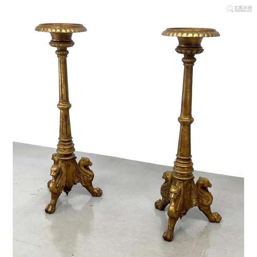 PAIR HEAVY LION FOOTED IRON CANDLE HOLDERS GOLD PAINTED. PRI...