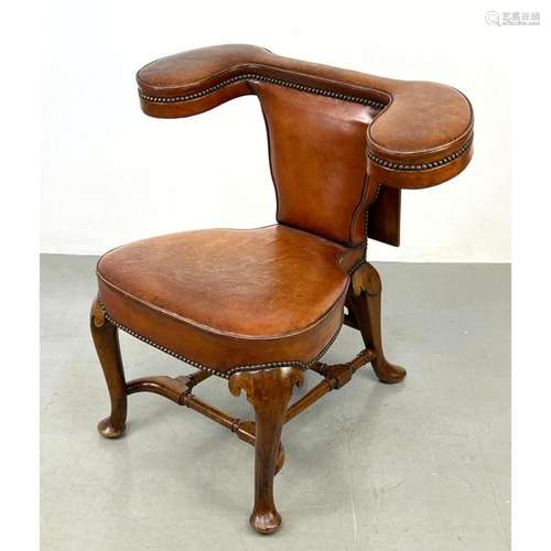 ENGLISH QUEEN ANNE LEATHER READING ARMCHAIR