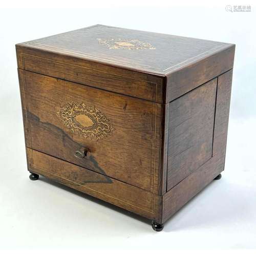 ANTIQUE TANTALUS LIQUOR BOX WITH CUT CRYSTAL DECANTER AND GL...