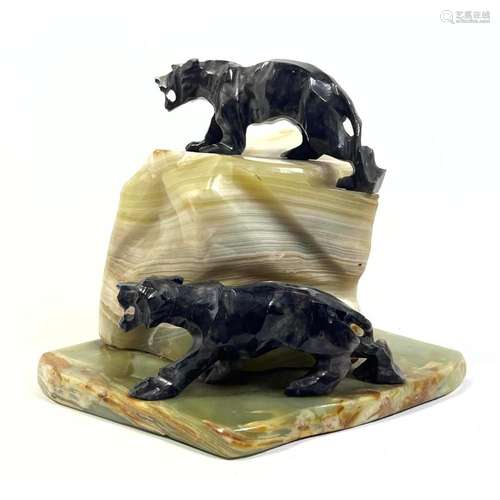 TWO CARVED STONE MOUNTAIN LIONS ON NATURAL ONYX "ROCK&q...