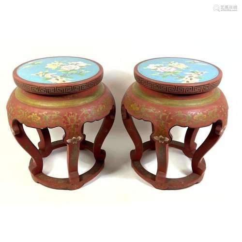 PAIR CHINESE CLOISONNE AND LACQUER PLANT STAND TABLES.