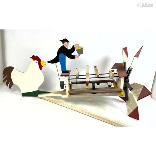 FOLK ART WHIRLIGIG WEATHERVANE. FARMER FEEDING CHICKENS.