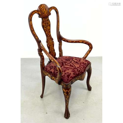 ELABORATE DUTCH MARQUETRY ARM CHAIR. FLORAL DECORATION